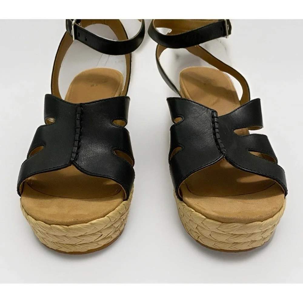 UGG Careena Black Leather Wedge Espadrille Sandals - Size 8.5